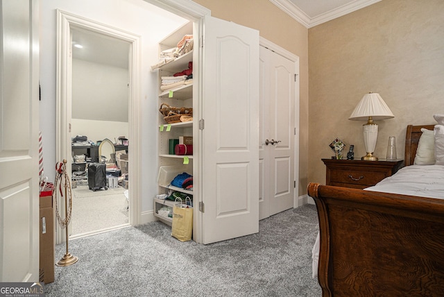 bedroom with light carpet and crown molding