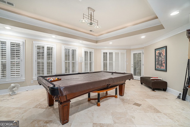 playroom featuring visible vents, baseboards, billiards, and a tray ceiling