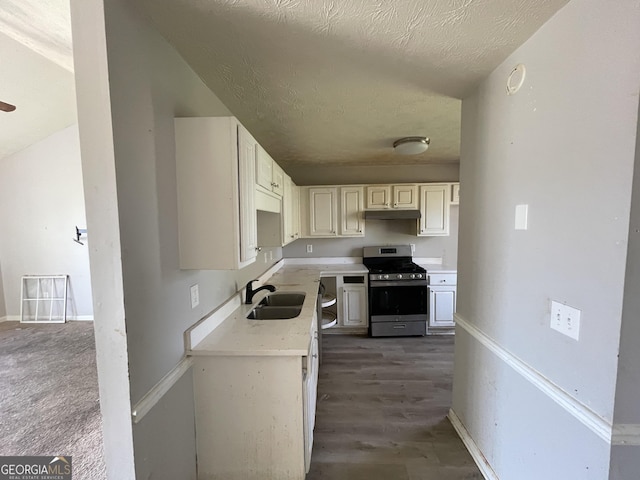 133 Dove Lndg, Social Circle, GA 30025 - kitchen featuring light countertops, a textured ceiling, under cabinet range hood, stainless steel range with gas cooktop, and a sink