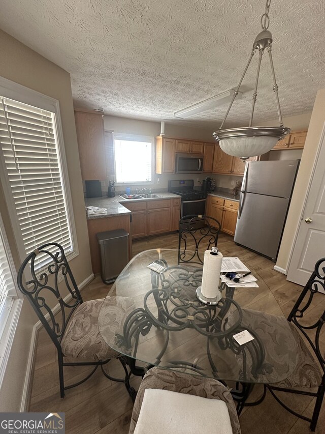 kitchen with stainless steel appliances, a sink, and a textured ceiling