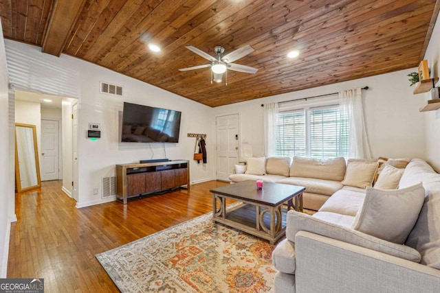 living room with visible vents, wood ceiling, lofted ceiling, a ceiling fan, and wood-type flooring