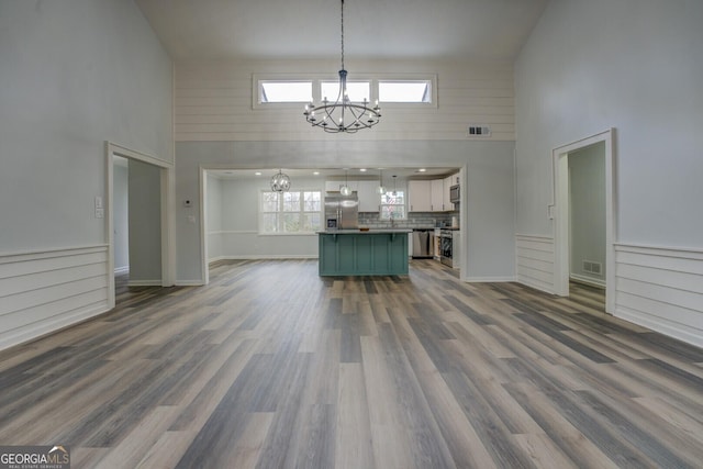 2809 Fieldstone Dr SE, Conyers, GA 30013 - unfurnished living room with high vaulted ceiling, an inviting chandelier, a sink, and visible vents