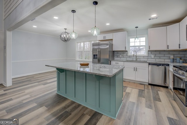 kitchen with visible vents, white cabinets, appliances with stainless steel finishes, a sink, and backsplash