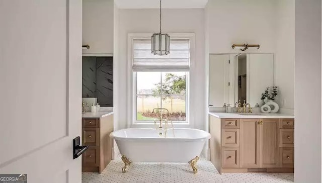 bathroom featuring a freestanding bath and vanity