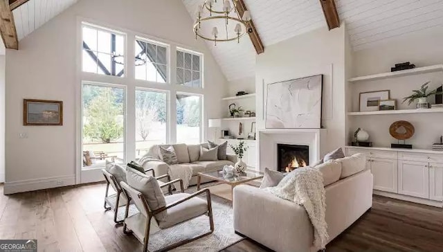 living area featuring high vaulted ceiling, built in shelves, dark wood finished floors, beam ceiling, and a glass covered fireplace