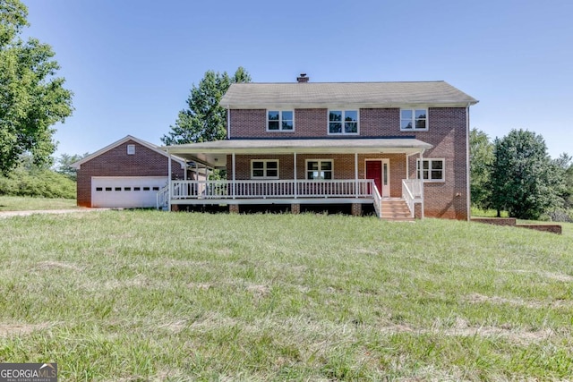 view of front of property featuring brick siding, a chimney, an attached garage, covered porch, and a front yard