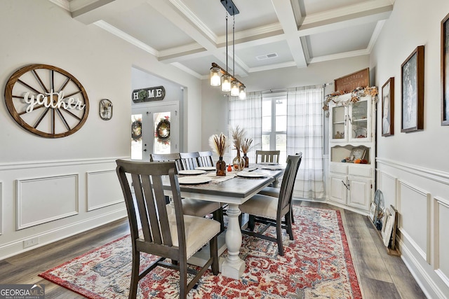 dining space featuring dark wood-style floors, beam ceiling, visible vents, and coffered ceiling