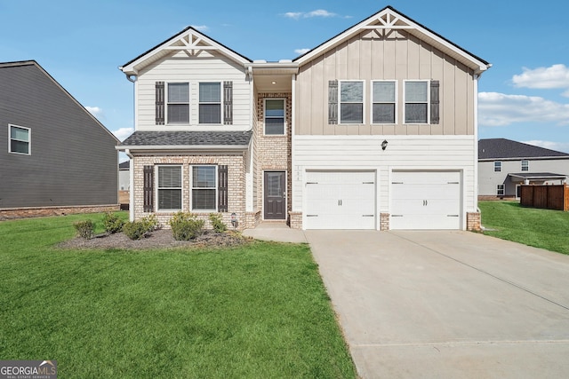 view of front of house with concrete driveway, a front yard, board and batten siding, and brick siding