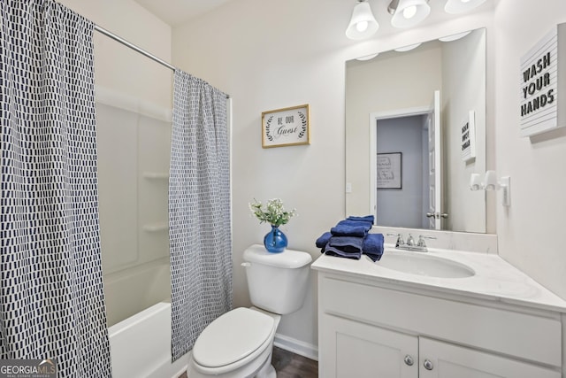 bathroom featuring vanity, toilet, and shower / bathtub combination with curtain