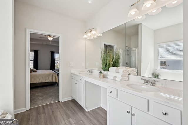 full bathroom featuring wood finished floors, a sink, a wealth of natural light, and a shower stall