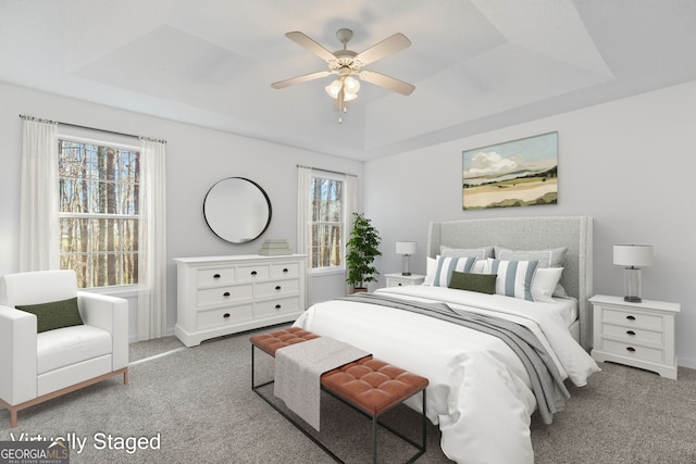 bedroom with a ceiling fan, a raised ceiling, carpet, and baseboards