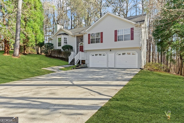 view of front of home with concrete driveway, roof with shingles, a front yard, a chimney, and a garage