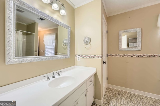 full bath with ornamental molding, visible vents, vanity, and baseboards