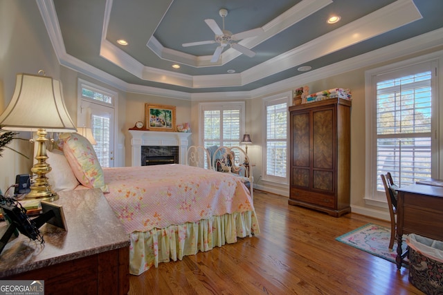 bedroom with wood finished floors, multiple windows, a fireplace, and a raised ceiling