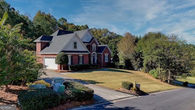 view of front of property featuring driveway, brick siding, and a front yard