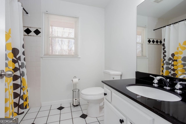 full bath featuring vanity, visible vents, curtained shower, tile patterned floors, and toilet