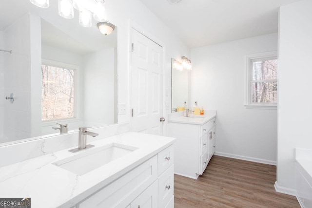 full bathroom featuring a sink, baseboards, two vanities, and wood finished floors