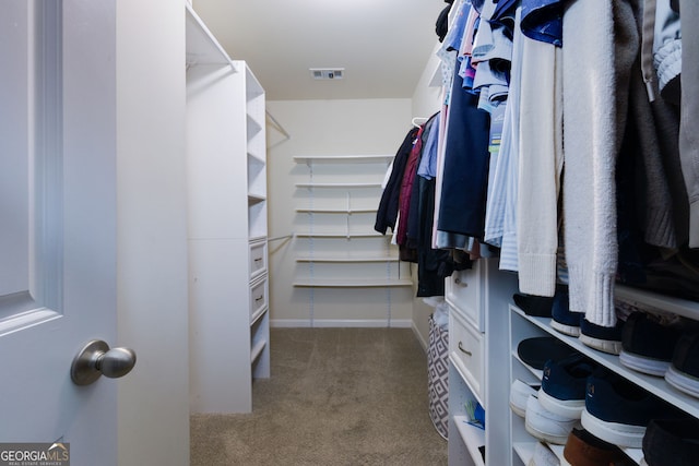 spacious closet with visible vents and carpet floors