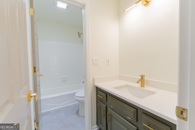 full bathroom with bathtub / shower combination, vanity, and toilet