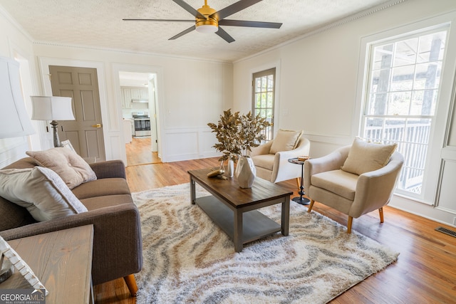 living room featuring crown molding, light wood-style floors, a decorative wall, and a textured ceiling