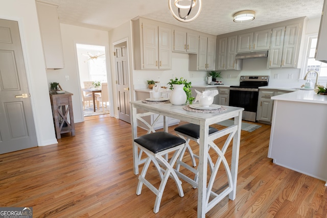 kitchen featuring light wood finished floors, light countertops, electric range, plenty of natural light, and under cabinet range hood