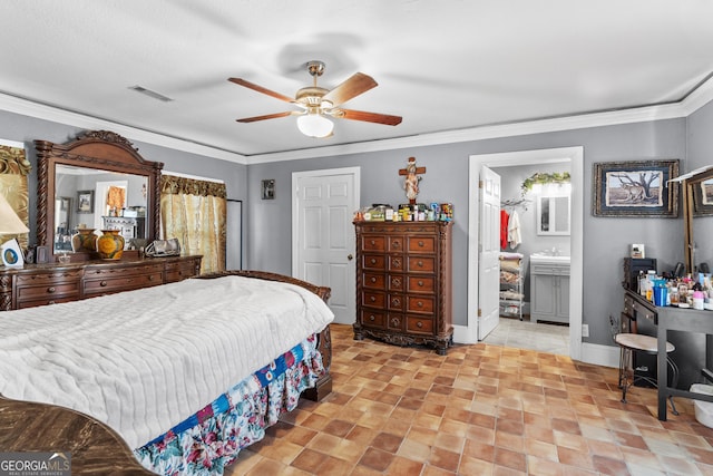 bedroom with baseboards, ceiling fan, visible vents, and crown molding