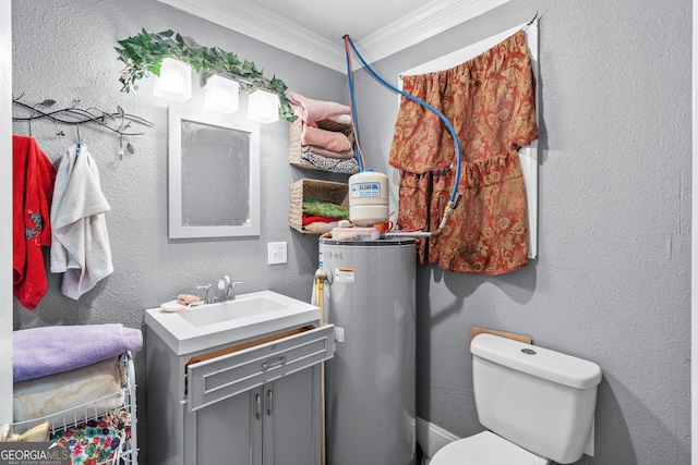 half bath with a textured wall, toilet, vanity, water heater, and ornamental molding