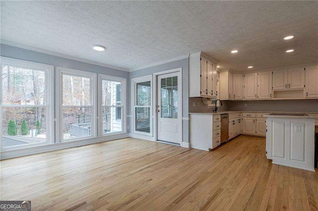 kitchen featuring plenty of natural light, light countertops, crown molding, and light wood-style flooring