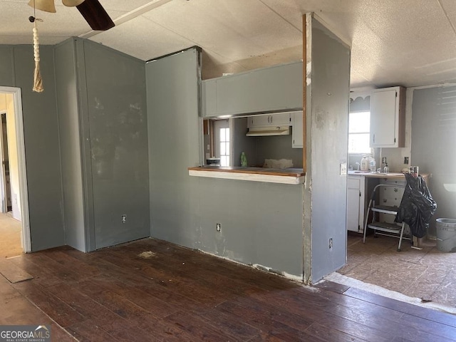 interior space featuring a ceiling fan, white cabinetry, a textured ceiling, under cabinet range hood, and hardwood / wood-style flooring