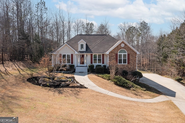 view of front of home with stone siding, roof with shingles, and driveway