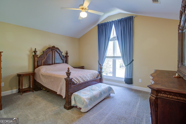 6935 Autumn Hills Dr, Cumming, GA 30028 - carpeted bedroom featuring lofted ceiling, visible vents, a ceiling fan, and baseboards
