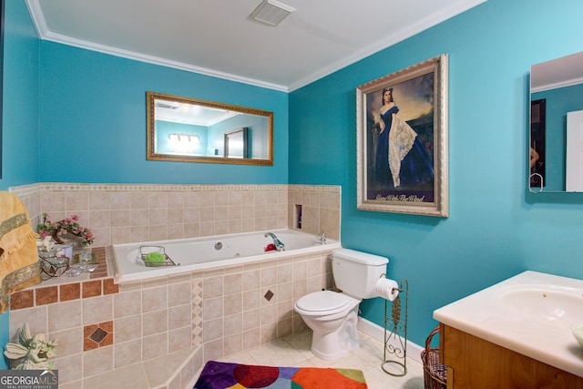 bathroom with visible vents, toilet, a jetted tub, crown molding, and tile patterned flooring