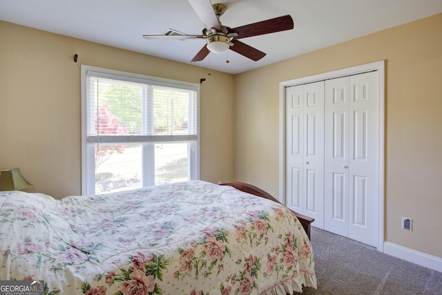 6935 Autumn Hills Dr, Cumming, GA 30028 - bedroom with ceiling fan, baseboards, a closet, and carpet