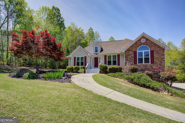 6935 Autumn Hills Dr, Cumming, GA 30028 - ranch-style house with stone siding, a shingled roof, and a front yard