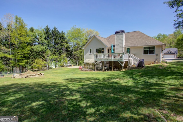 6935 Autumn Hills Dr, Cumming, GA 30028 - back of house featuring a wooden deck, a yard, a chimney, and stairs