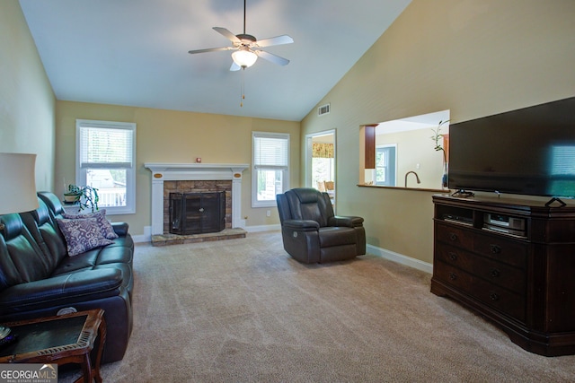 6935 Autumn Hills Dr, Cumming, GA 30028 - living room featuring carpet, a ceiling fan, visible vents, and a healthy amount of sunlight