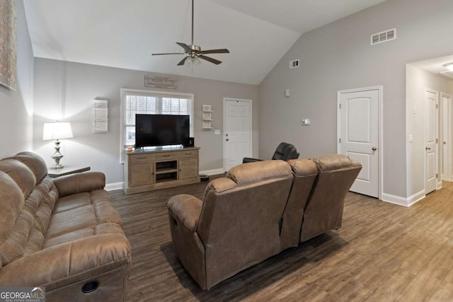 living area featuring a ceiling fan, visible vents, baseboards, and wood finished floors