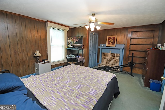 49 Thompson Rd, Lagrange, GA 30240 - carpeted bedroom featuring wood walls and ceiling fan