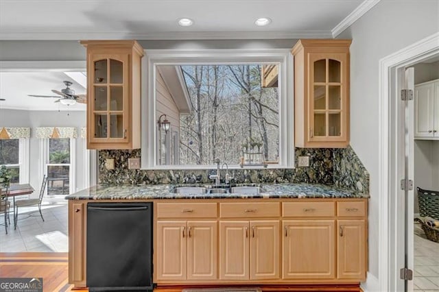 3460 Mansions Pkwy, Berkeley Lake, GA 30096 - kitchen with dishwasher, ceiling fan, dark stone countertops, light brown cabinets, and ornamental molding