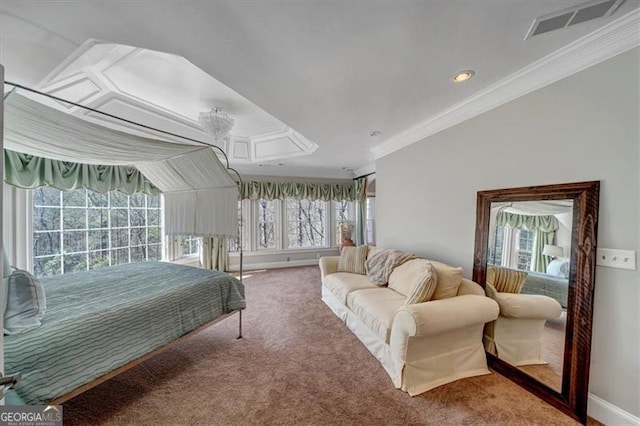 carpeted bedroom featuring visible vents, lofted ceiling, recessed lighting, crown molding, and baseboards