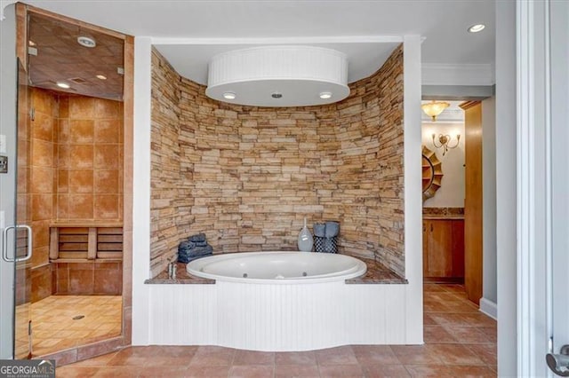 full bathroom featuring tile patterned floors, a shower stall, and a jetted tub