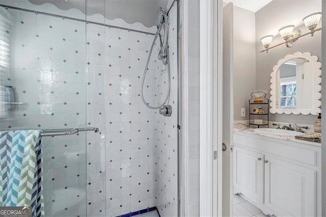 3460 Mansions Pkwy, Berkeley Lake, GA 30096 - bathroom with a stall shower, vanity, and tile patterned flooring