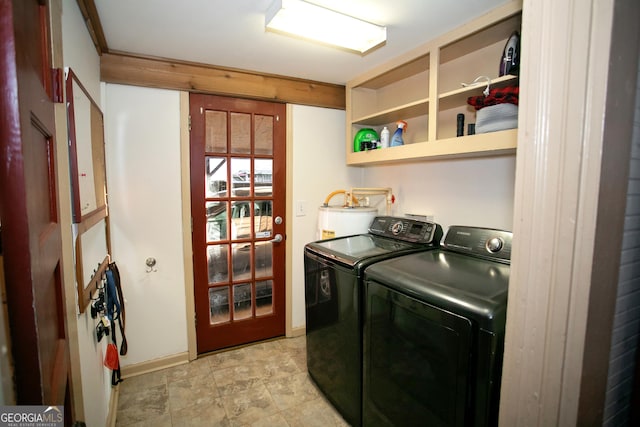 laundry room with water heater, laundry area, and separate washer and dryer