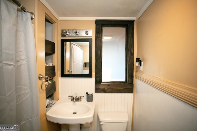 bathroom featuring toilet, crown molding, and a sink