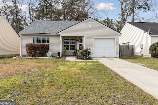 single story home featuring a garage, driveway, roof with shingles, fence, and a front yard