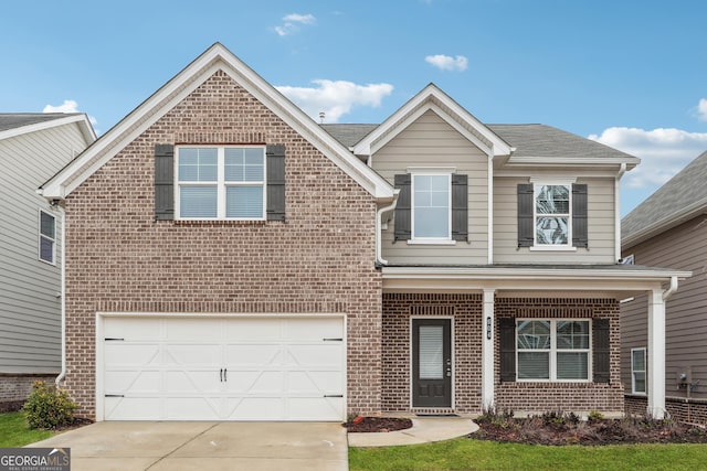 traditional home featuring an attached garage, driveway, roof with shingles, and brick siding