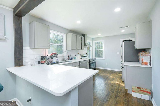 kitchen with visible vents, a sink, decorative backsplash, appliances with stainless steel finishes, and wall chimney exhaust hood