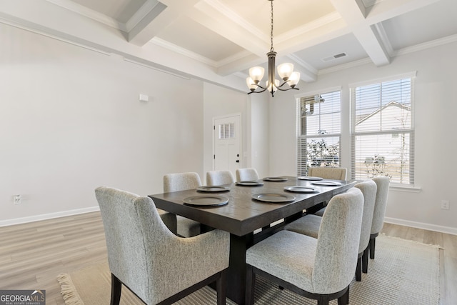 dining room with light wood-type flooring, baseboards, a notable chandelier, and beamed ceiling