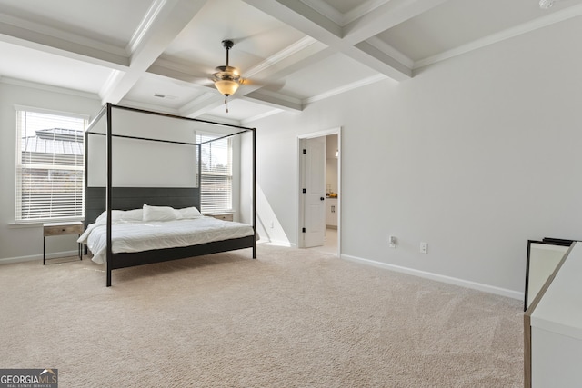 bedroom featuring multiple windows, coffered ceiling, beamed ceiling, and light colored carpet