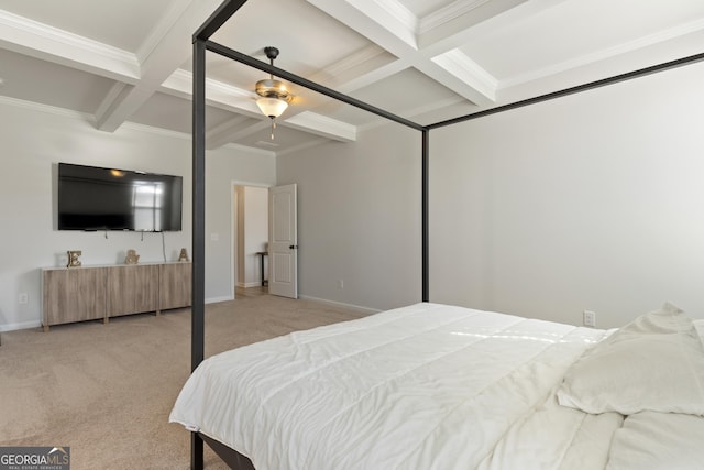 bedroom with light carpet, coffered ceiling, baseboards, ornamental molding, and beam ceiling